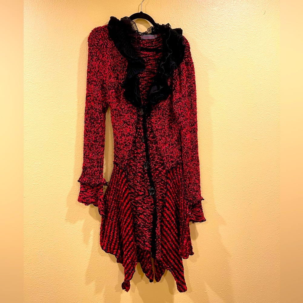 Red and black long sweater coat
